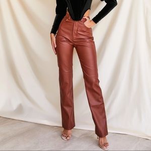 House of CB Inaya Vegan Faux Leather Tan High Rise Straight Leg Trousers small